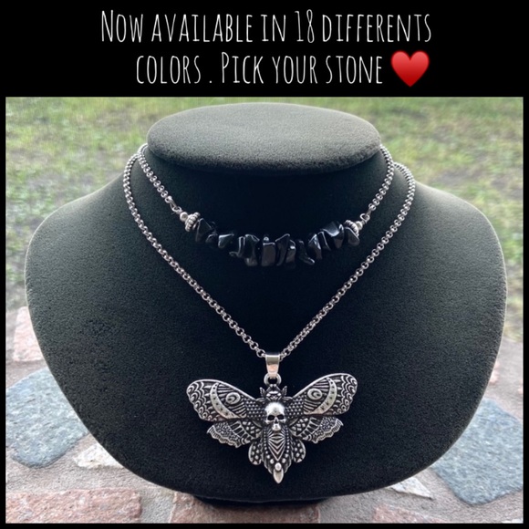 Double layer moth skull moon charm & gems of your choice goth boho necklace - Picture 4 of 13